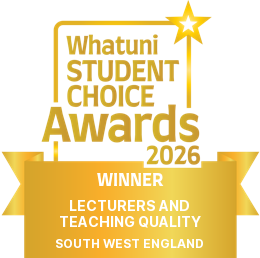 A gold and white winner logo for the What Uni Student Choice Awards 2026, Lecturers and Teaching Quality in the South West