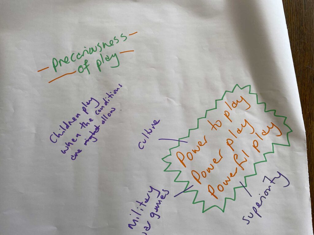 A sheet of flipboard paper with the words 'precariousness of play' and 'Children play when the conditions allow'.