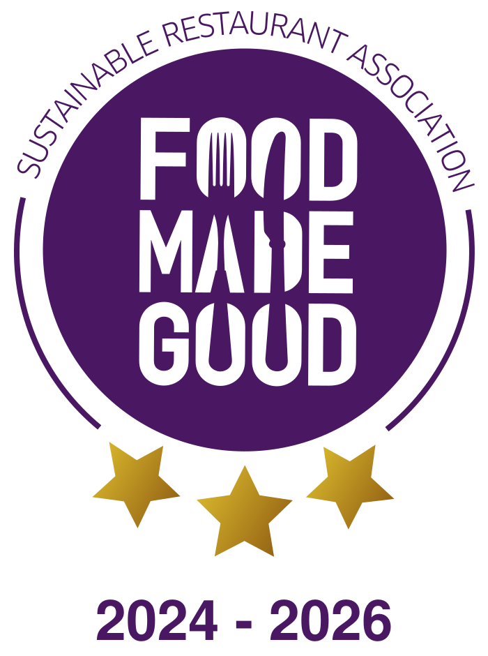 Purple 'Food Made Good' logo with 'sustainable restaurant association' displayed above, thee gold stars and '2024 - 2026' below.