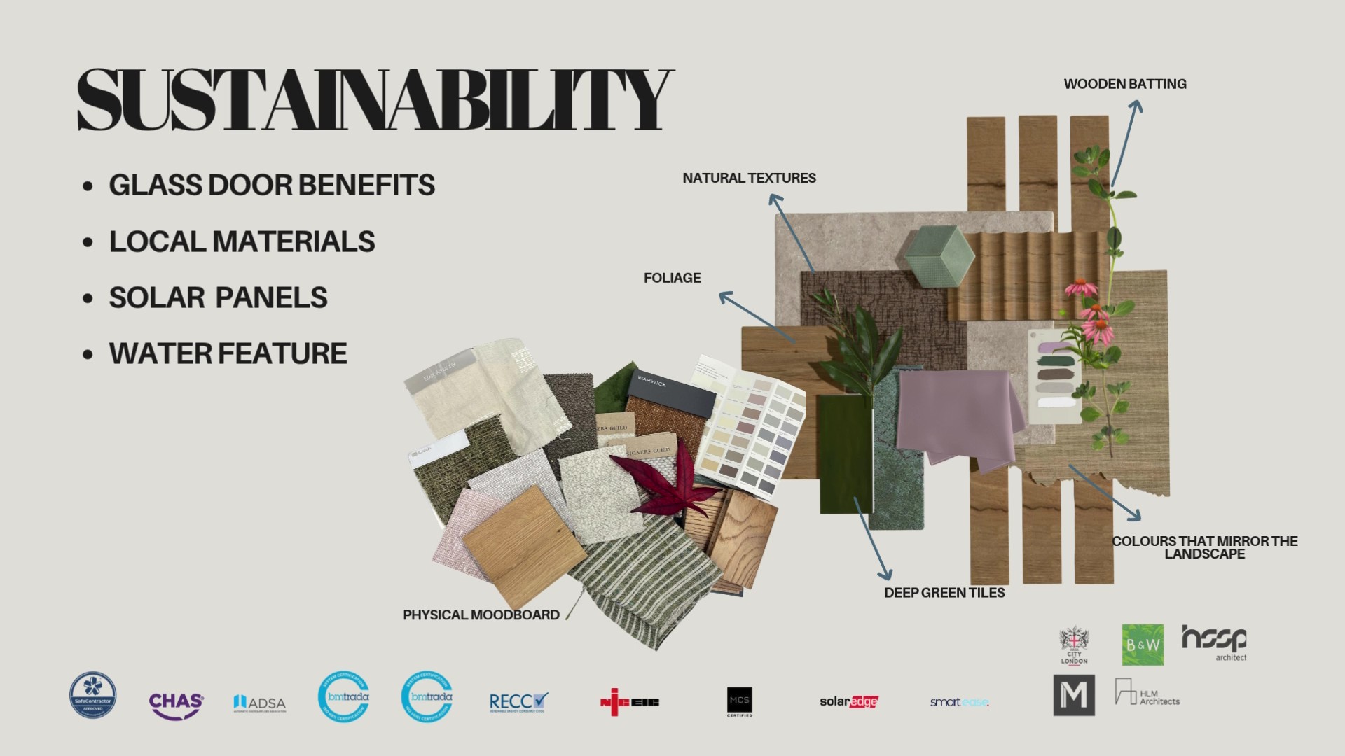 Interior Design students' presentation showing Sustainability and the textures and furnishings that will be used.