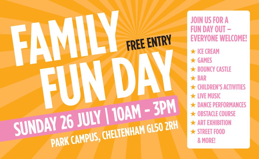 Orange, white and pink banner promoting Family Fun Day
