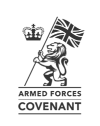 Armed Forces Covenant logo featuring an illustration of a lion holding a union jack flag and a crown above.