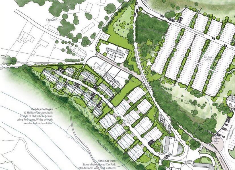 A bird's-eye illustration of a proposed holiday development in South Wales showing roads, car parks and holiday cottages.