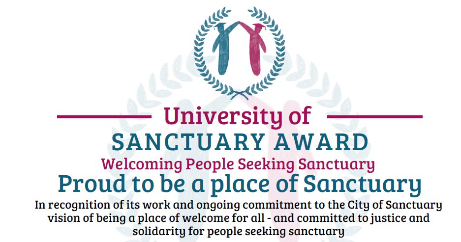 University of Sanctuary logo - red and maroon writing against a white background