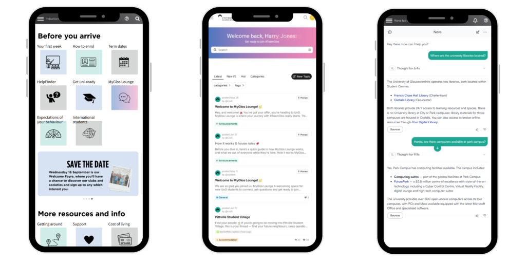 3 previews of MyGlos, MyGlos Lounge and Nova chat on phones side by side.