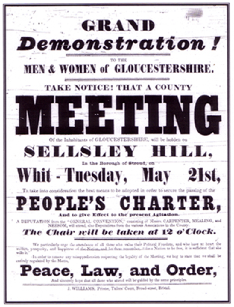 A black and white historical British poster advertising a mass political rally held by the Chartist movement