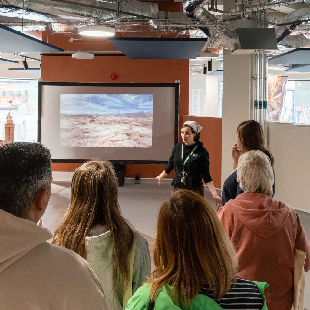 A student ambassador gives a tour of facilities during an open day at City Campus.