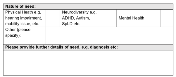 Screenshot of a health needs form with options for physical health needs, neurodiversity needs, mental health needs and other needs. A large blank field is provided for additional details, including diagnosis information.