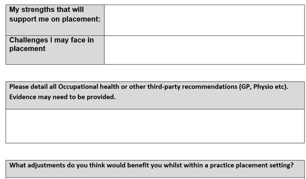 Screenshot of a placement support form with blank text-entry fields. Sections include ‘My strengths that will support me on placement’, ‘Challenges I may face in placement’, ‘Please detail all Occupational Health or other third-party recommendations (GP, Physio etc.)’, and ‘What adjustments do you think would benefit you whilst within a practice placement setting?