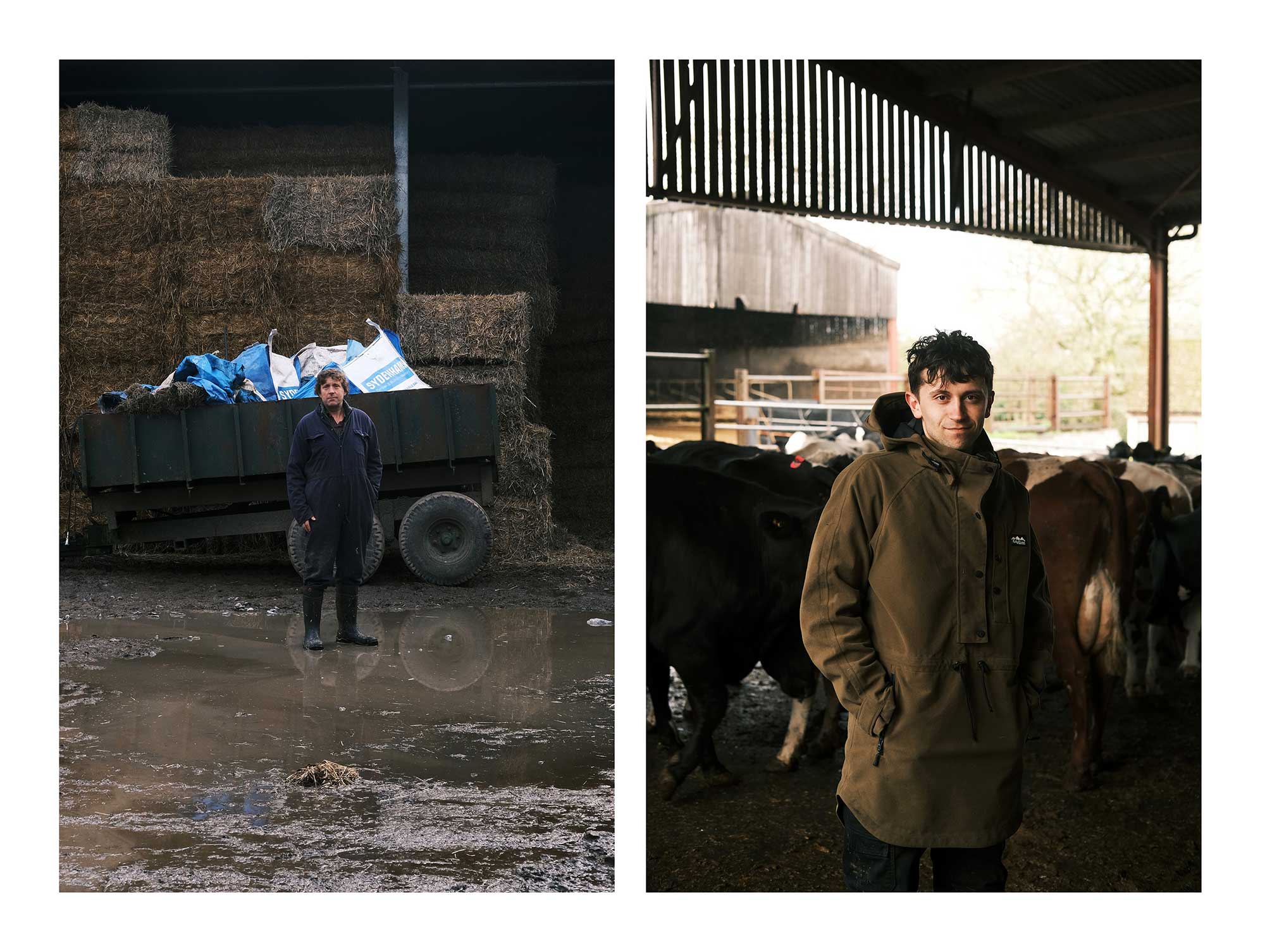 A dual photo showing two different dairy farmers at their farm.