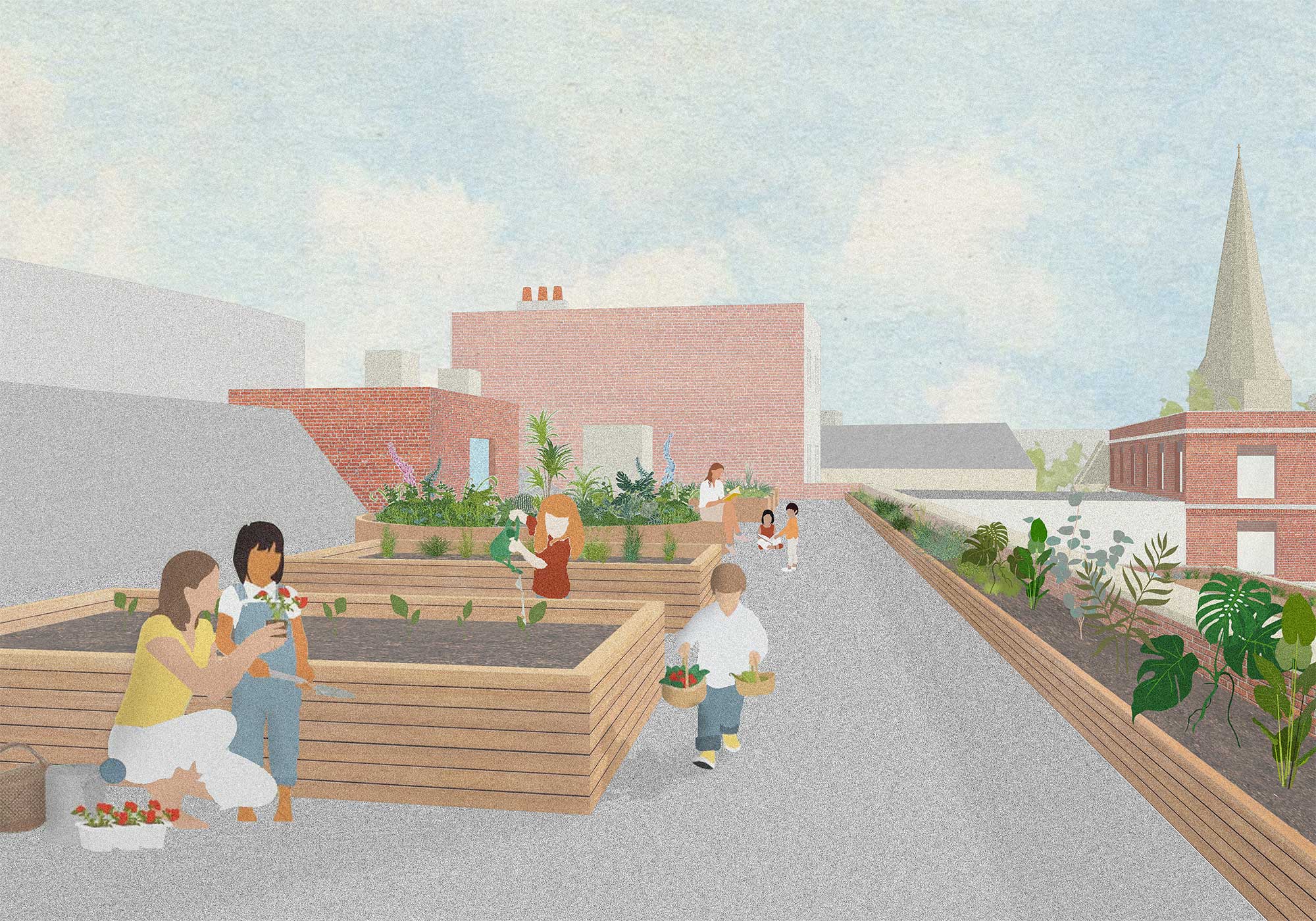 A digital image of a roof-top terrace where children gardening.