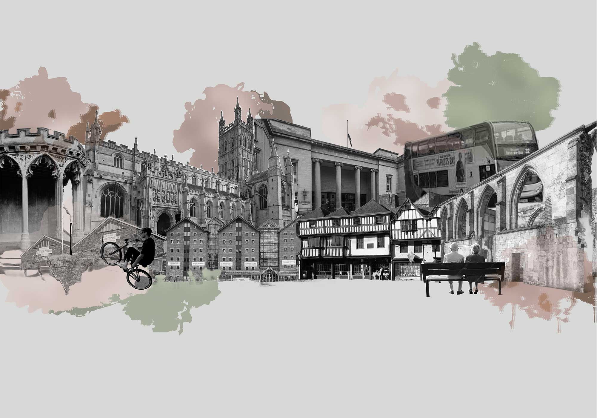 A digital piece of art which shows many different types of architecture in Gloucester.