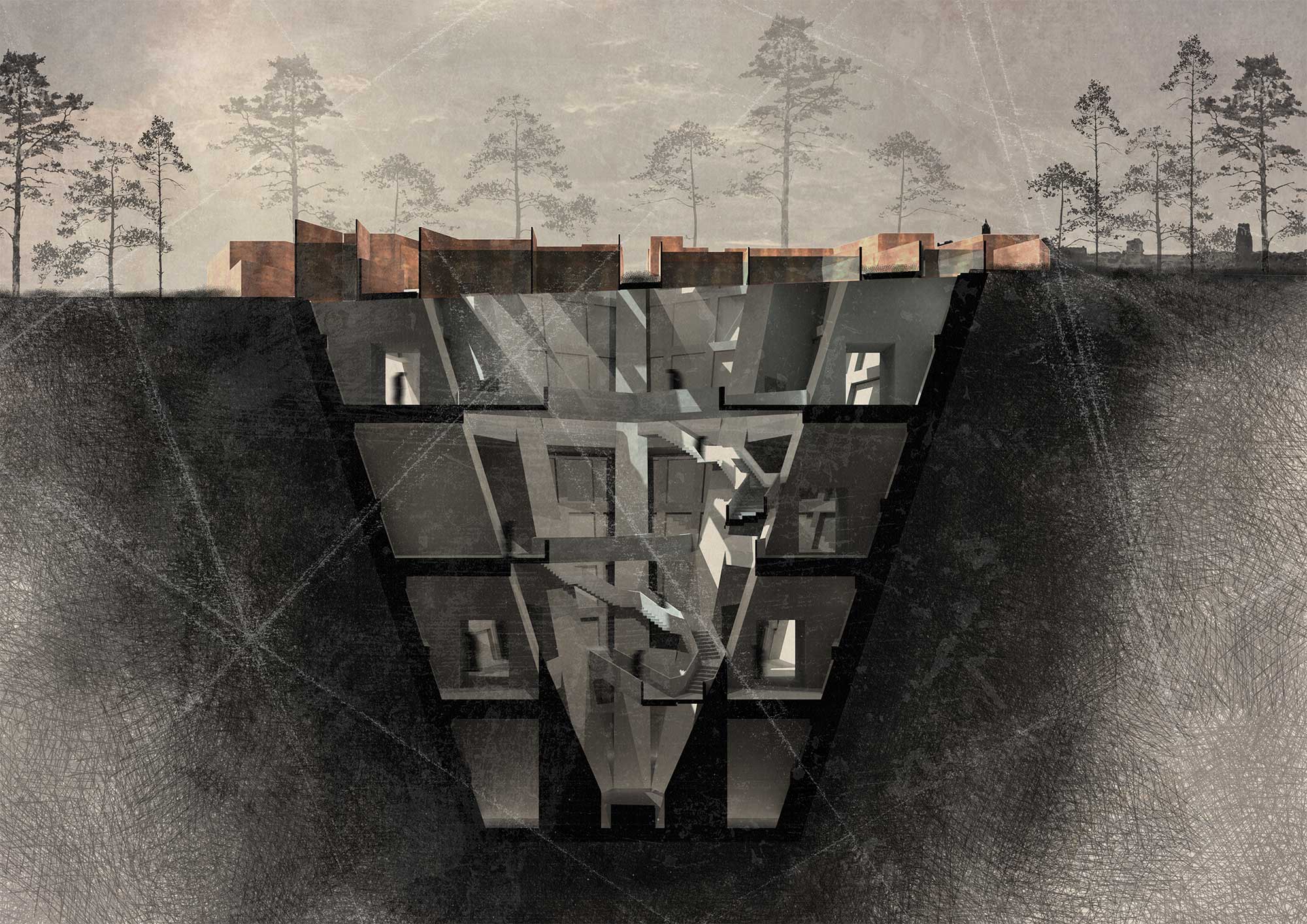 A digital design showing a cross section of Jake's Crossroads Museum - most of which is underground.