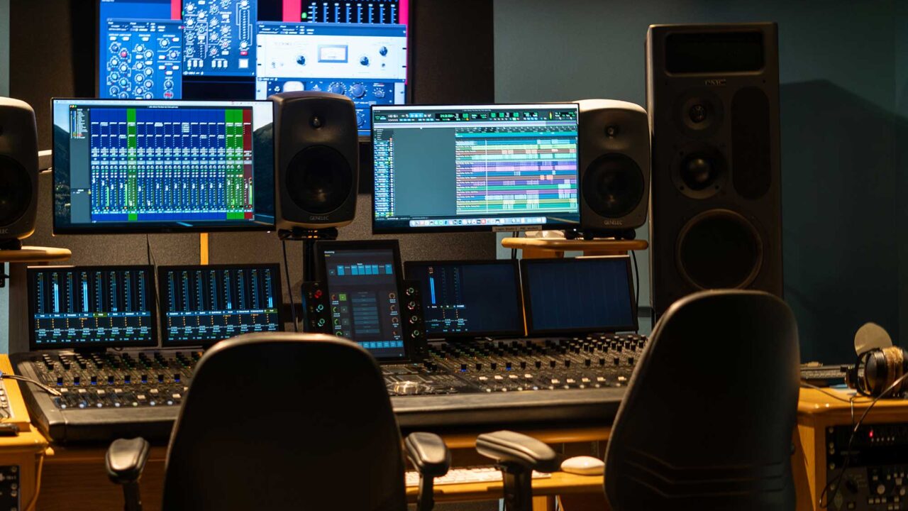 Recording studio mixing desk and screens